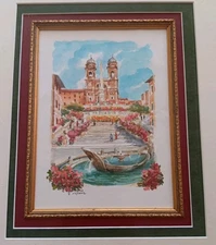 SPANISH STEPS PIAZZA DI SPAGNA ROME ITALY SIGNED WATERCOLOR PAINTING FRAMED 2002