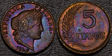 1948 Peru 5 Centavos NATURAL GOLD, BLUE & PURPLE Toning (L52-60)