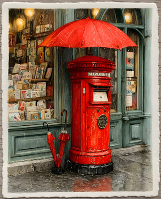8x10 Cozy Storybook Red Umbrella Art Print Classic Illustration - 723351706