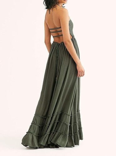 R.YIPOSHA Olive Green Smocked Ruffle Backless Maxi Dress Sz M 8/10 NWT - Picture 2 of 13