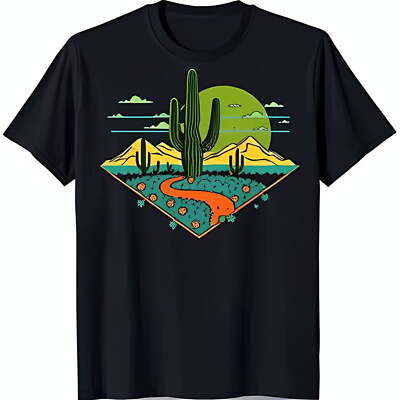 Desert Landscape Graphic Black T-Shirt with Cactus and Sun Design