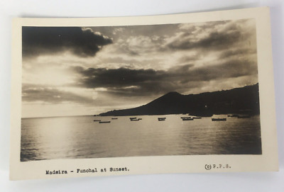RPPC Sunset Harbor View Boats Madeira Island Portugal Vintage Postcard PPS