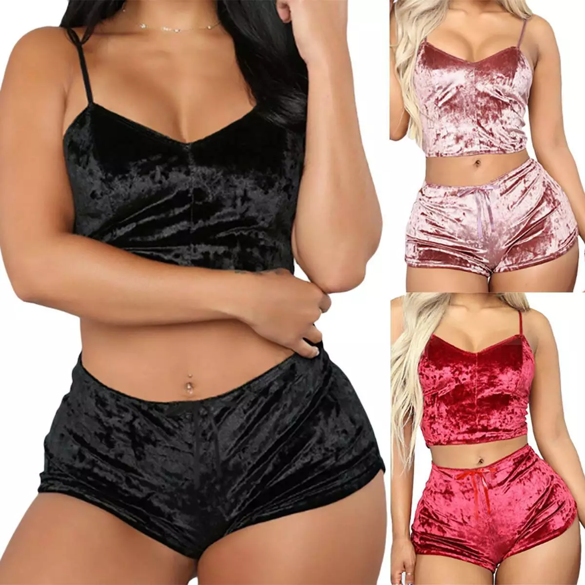 Women Sexy Velvet Lingerie Sleepwear Pajamas Set Crop Tops Shorts