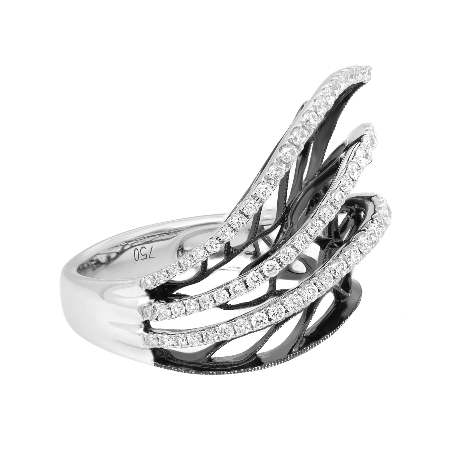 An image of a Rachel Koen brand women's ring with diamonds. The ring is captured at a close distance and a slightly elevated angle, showcasing its intricate design consisting of multiple intertwining bands encrusted with sparkling diamonds. The bands create a dynamic and fluid appearance, and the ring is set against a pure white background, emphasizing its luster and detailed craftsmanship.The ring is pre owned in great condition. 