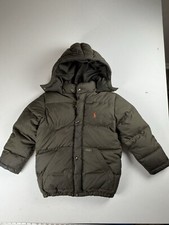 Vtg Polo Ralph Lauren Puffer Jacket YOUTH Sz 7 Full Zip Hood Olive Green Down