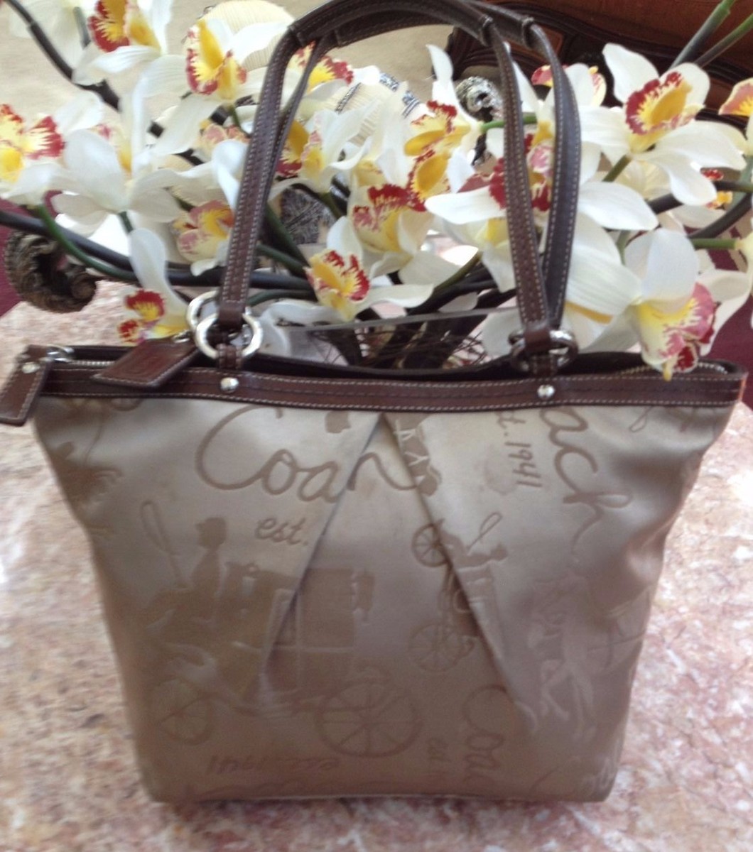 Coach (F14482) Signature Khaki Satin Horse Carriage Brown Leather
