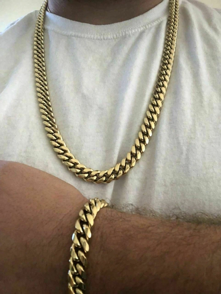 10mm Mens Miami Cuban Link Bracelet & Chain Set 14k Gold Plated Stainless Steel - Image 2 of 4