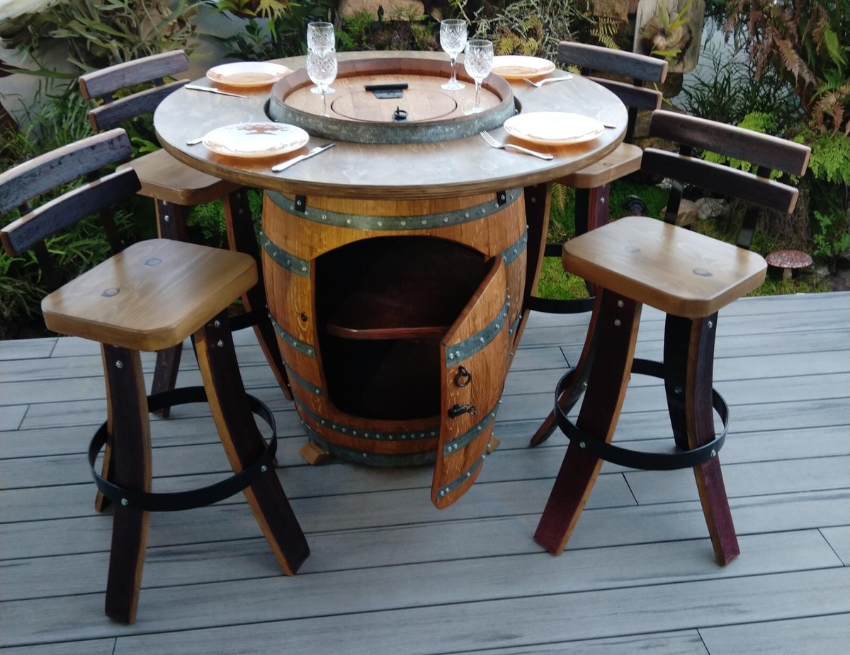 Wine barrel table ROUND TOP with cooler and bar chairs