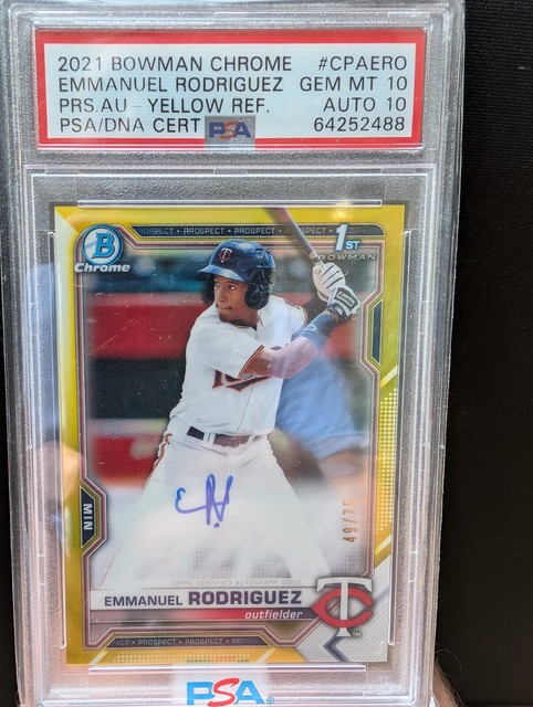 Emmanuel Rodriguez 2021 1st Bowman Draft Chrome Yellow Refractor Auto /75 PSA 10