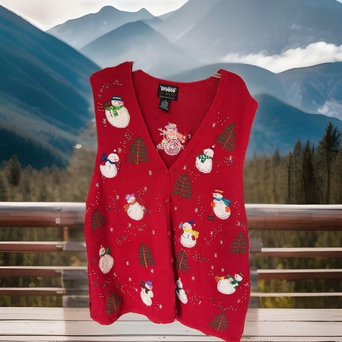 Vtg Women’s 1990’s Studio Snowman Snow Winter Christmas Sweater Vest sz 2XL GUC