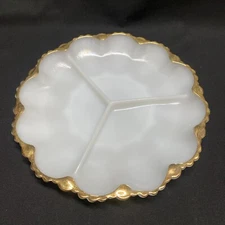 Anchor Hocking Fire King Milk Glass 3- Divided Serving Plate, Gold Trim 2 avail.