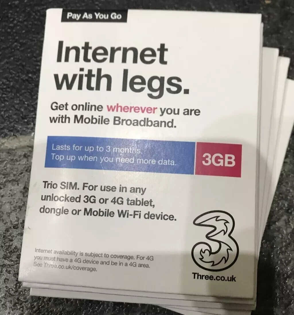 2x 3GB Three Mobile Broadband Data Sim Card 4G 5G iPad Tablet Dongle