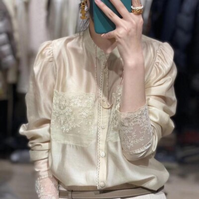 Women's Thin Shirts Lace Embroidered Palace Sleeve Shirt Fashion Stand Neck Tops