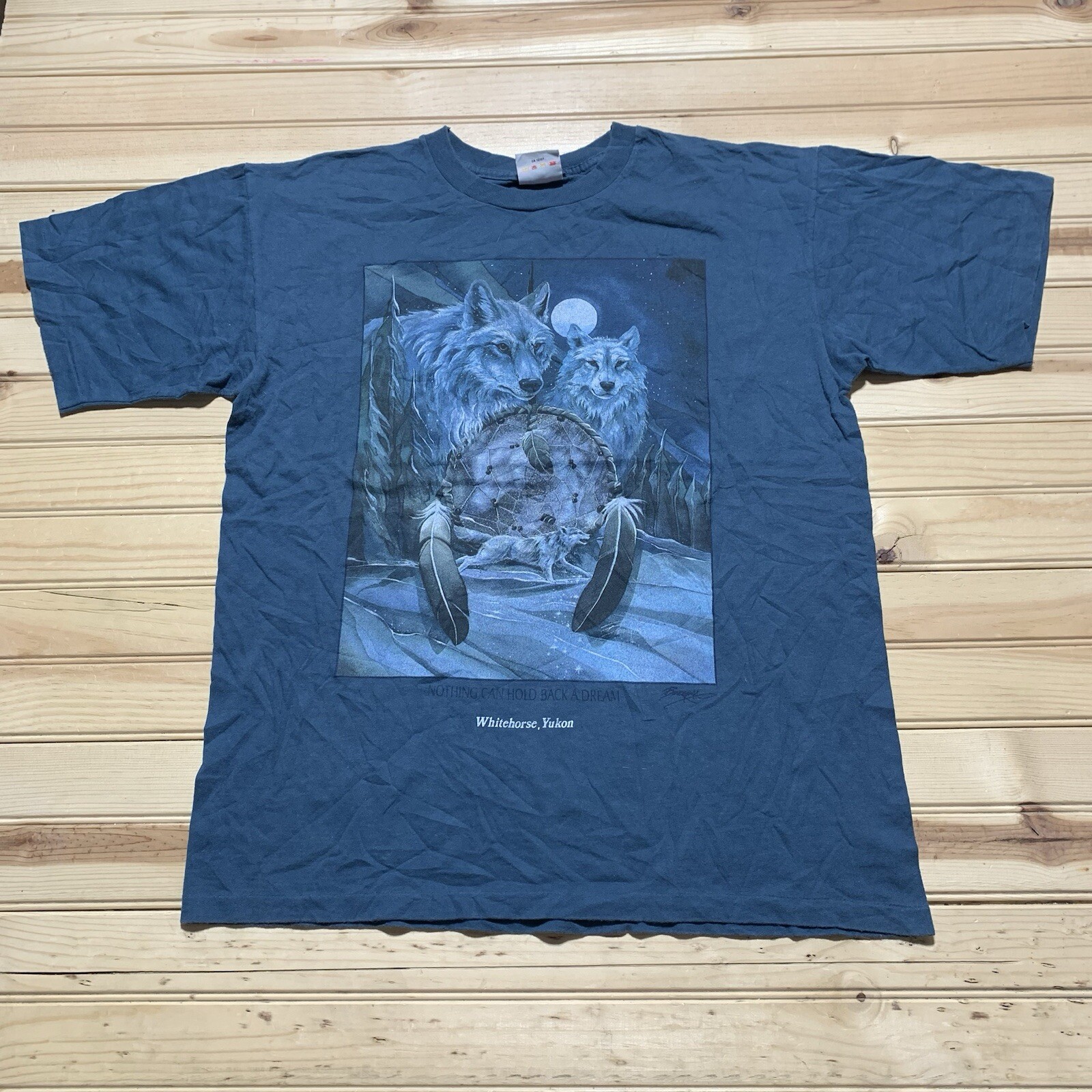 Vintage 90s Whitehorse Yukon Wolf Dreamcatster Art Tee Harlequin Design Size M