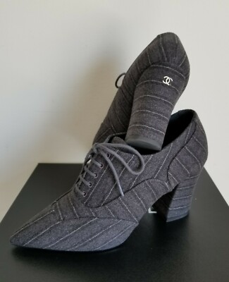 CHANEL SYMPHONY N5 CC LOGO GREY FABRIC LACE UP HEEL OXFORDS EU 37
