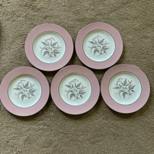5 Homer Laughlin Vintage Cavaliers Pink Rimmed Egg Shell China Dessert Plates