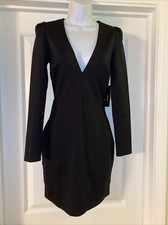 NWT Lulus Sassy Season Black Long Sleeve Deep V Neck Bodycon Fitted Dress Sz S