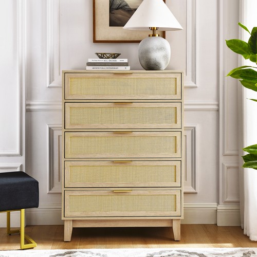 Bedroom 5 drawer dresser,rattan dresser modern wooden chest of drawers w/spaciou