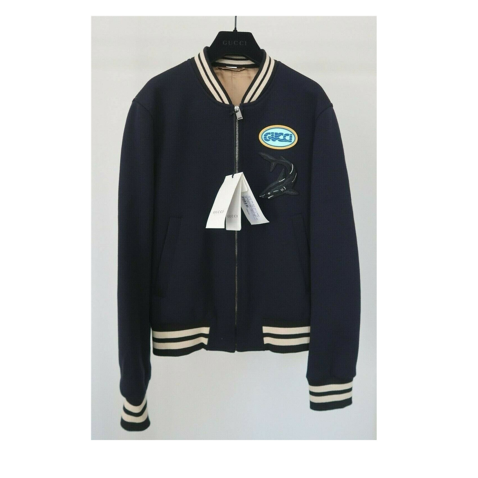 Gucci Bomber Jacket Navy Full Zip Embroidered Shark Striped Band Collar Men XL