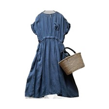 nest Robe Linen Gathered Dress Blue Short Sleeve Elastic Waist from Japan