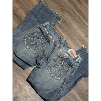 Mek Denim Mens Distressed Bootcut Jeans Embroidered Pockets 36x34 Y2K Grunge