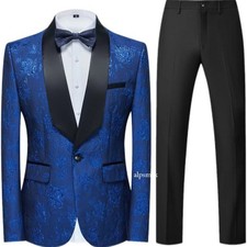 Mens Wedding Floral Jacquard Weave 2pcs Suits Jacket Blazers Pants One Button Sz