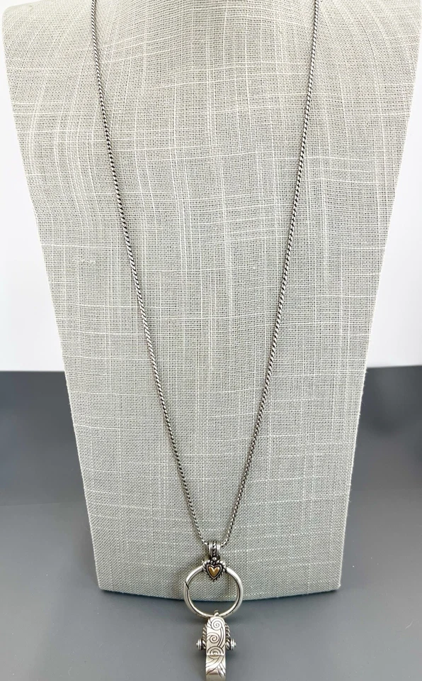 Brighton Heart Charm Necklace Silver Tone Reversible Badge Clip Signed 31-33” - Image 4 of 4