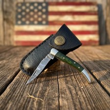 Damascus EDC Pocket Knife Texas ToothPick Folder Green Wood Handle W/ Sheath