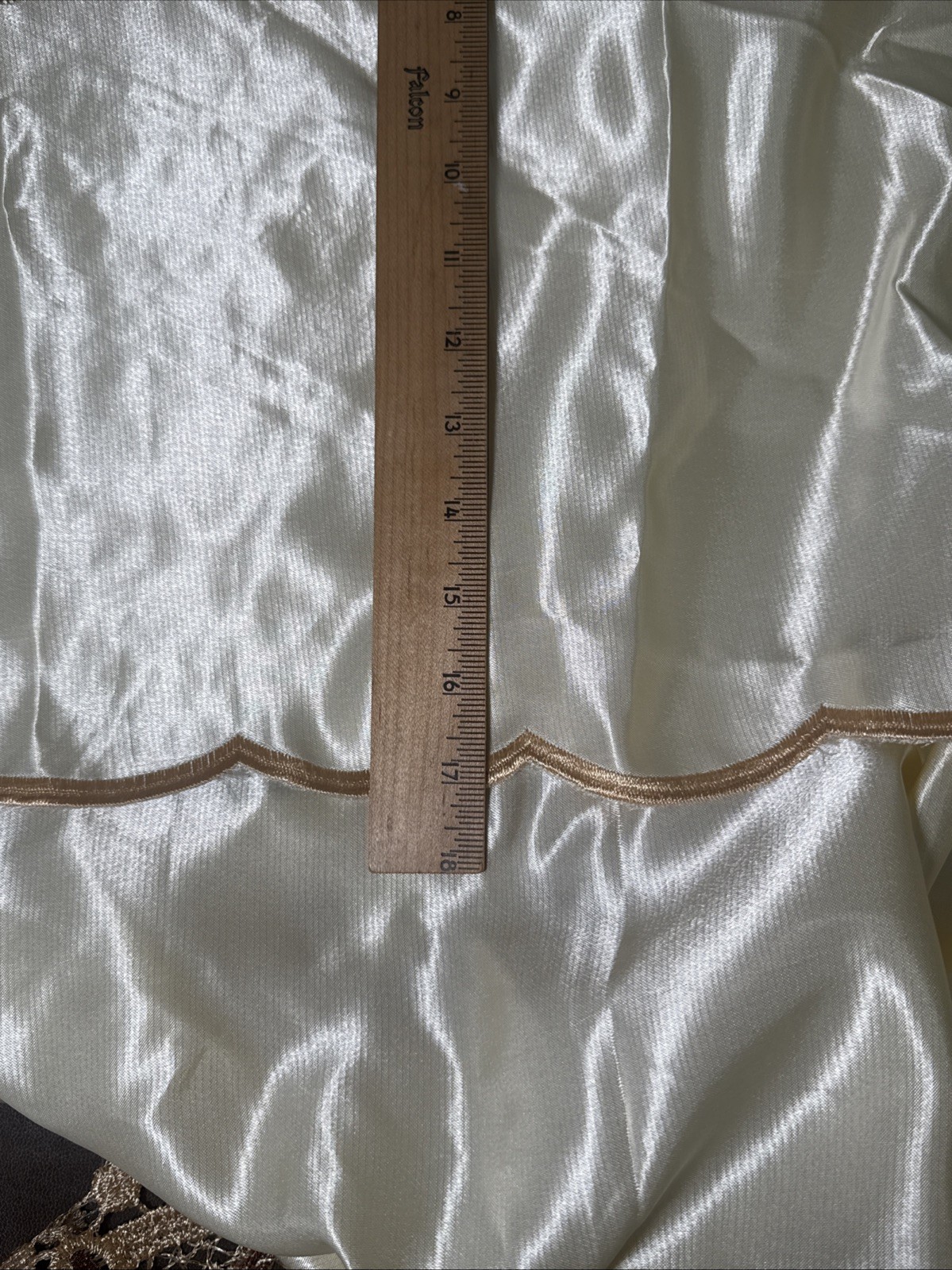 Pair (2) Curtain Panels Attached Valance Ivory Shimmer Satin Sheer Lace 54 X 87”