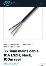 VDC 3 x 1mm mains cable 10A LSZH, black, 100m reel210-628-100