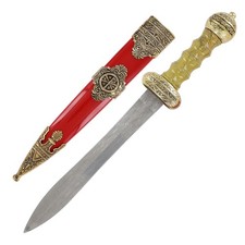 10" Roman Gladius Dagger: Etched Wave Blade - Royal Red & Gold Pugio Dagger