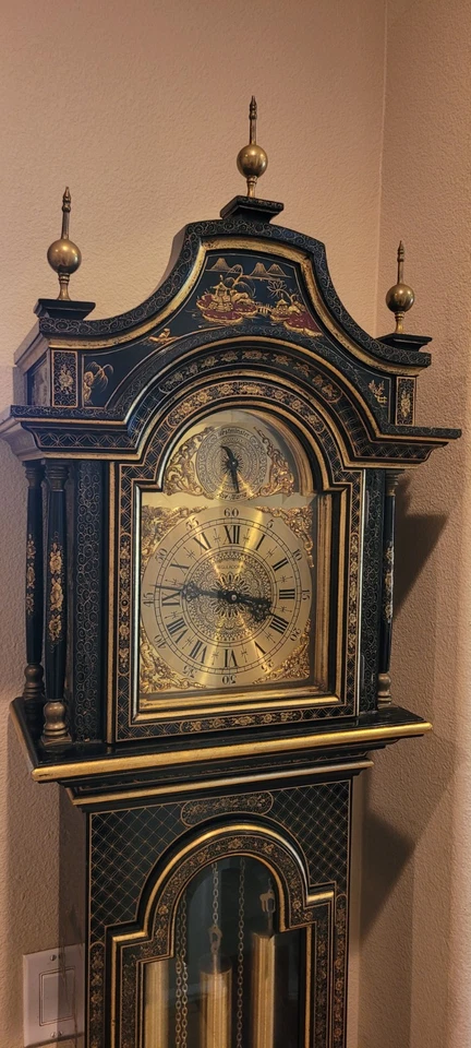 Chinoiserie Reguladora Laca Negra Reloj Abuelo Ridgeway Ave Marie Raro Foto 2 de 4