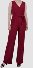 NY Collection Jumpsuit Womens Size Large Petite PL Red Sleeveless Vneck New Belt