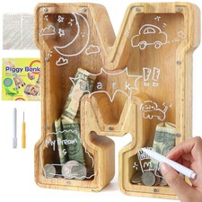 Large Letter Piggy Bank for Kids Boys Girls Wooden Personalized Piggy Banks A...
