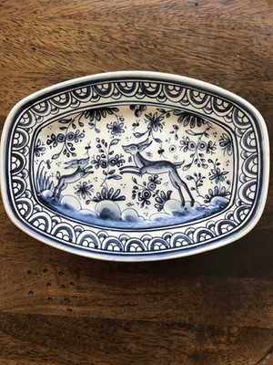 Portugal Coimbra Read Ceramica Vintage Small Oval Platter Blue/White Deer signed