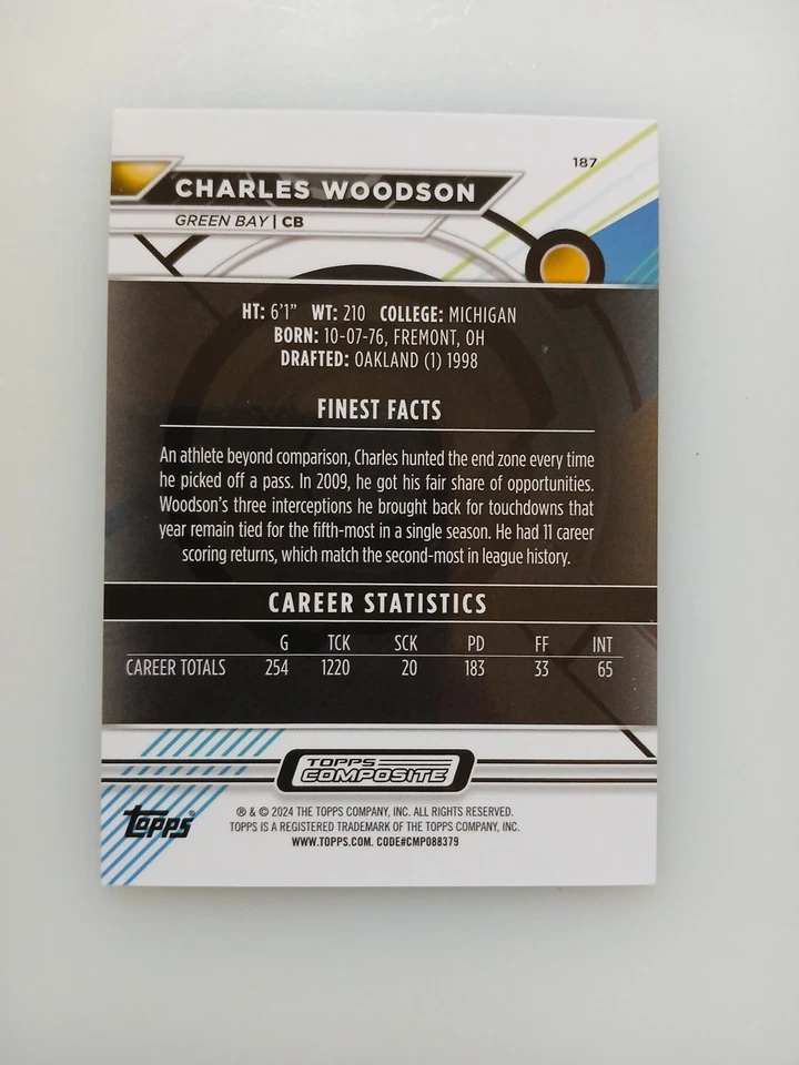 2023 Topps Composite - Topps Finest Charles Woodson #187 Refractor - Image 4 of 4