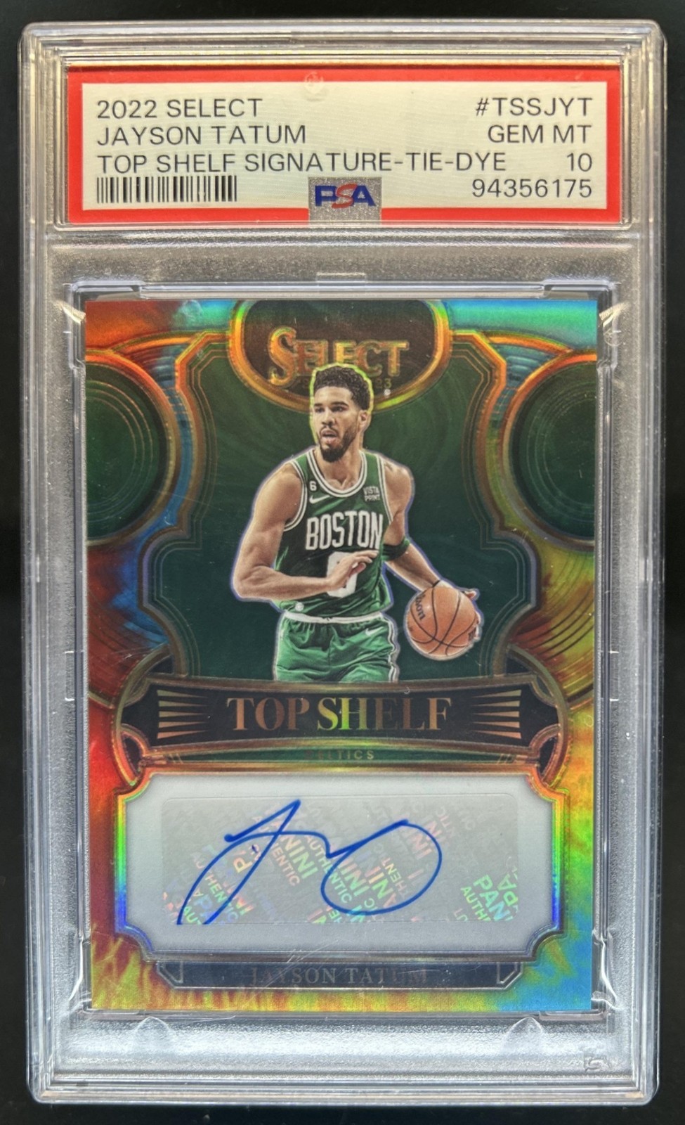 2022-23 Select Jayson Tatum Top Shelf Signatures Tie Dye Prizm Auto #/25 PSA 10