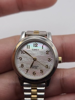 Timex Indiglo Watch Womens Two Tone MOP Dial Stretch Band New Battery Working