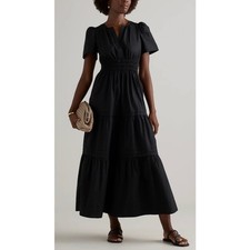 Quince Organic Cotton Poplin Tiered Maxi Dress Black Puff Sleeve L Minimalist
