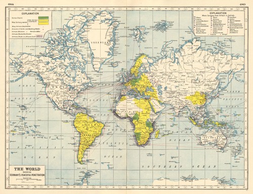GERMAN COLONIES.showing possessions,ambitions & "Peaceful Penetration" 1920 map