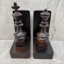 Vintage Mid-Century Mahogany Chess Piece Bookends – King & Queen Pair