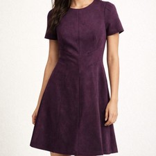 Womens 8 Calvin Klein Purple Plum Short Sleeve A Line Dress Faux Suede Work Goth