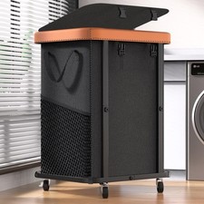 150L 40 Gal Large Fashion Laundry Basket with Wheels, Leather 150L, Black