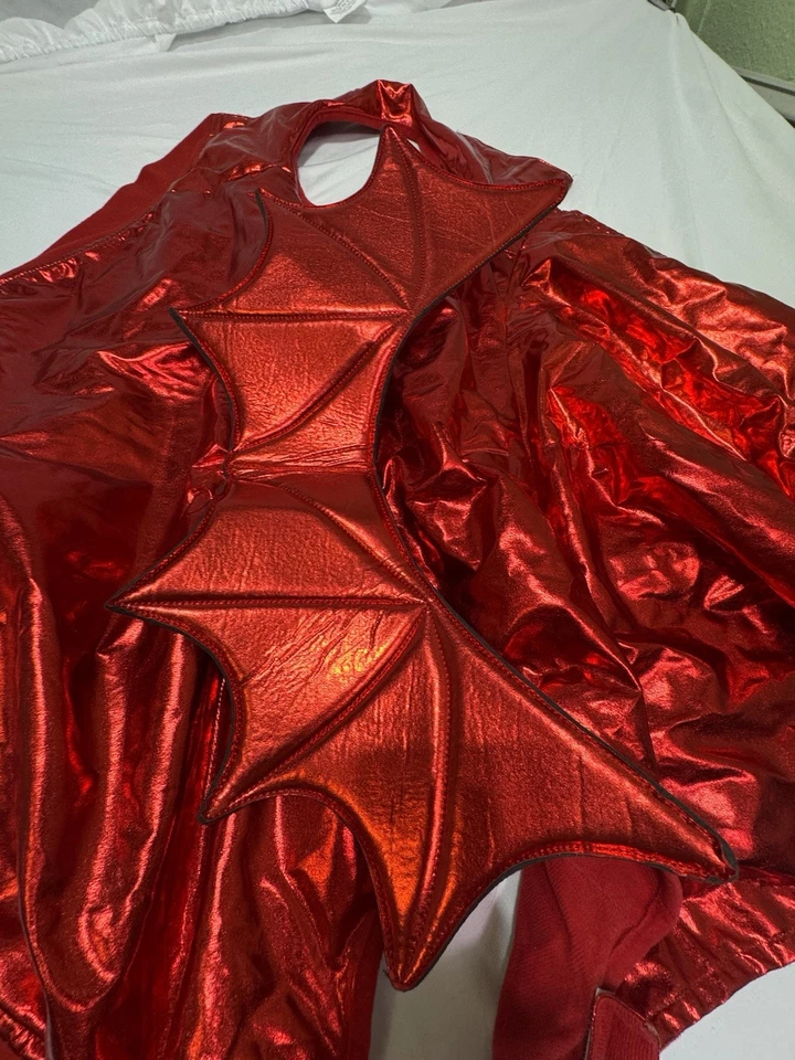 Disfraz de perro diablo ardiente de Halloween XL – Conjunto de satén rojo con cuernos, alas y cola Foto 4 de 4