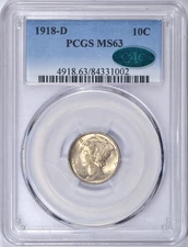 1918-D MERCURY DIME PCGS MS63 CAC NICE COIN