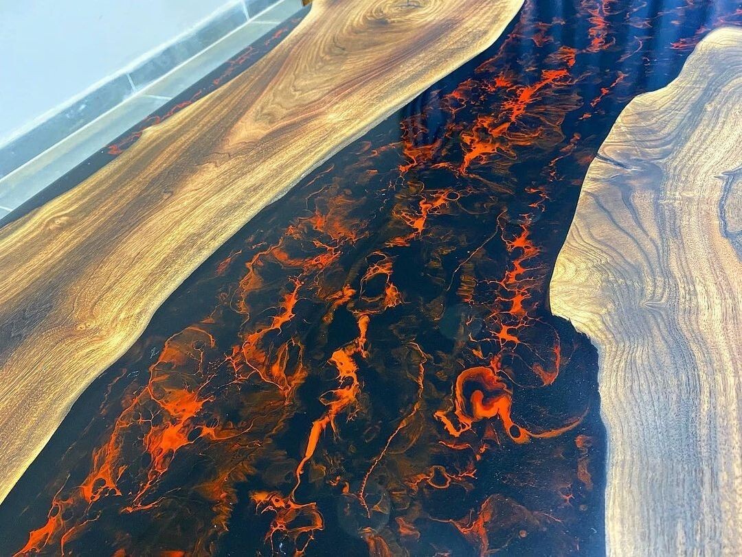 Dark Walnut Lava Flame Black & Red Epoxy River Table – Dining