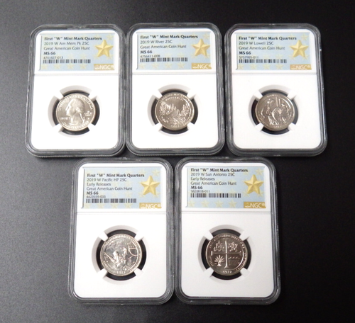 2019-W Lowell, War, Missions, American Memorial, River Quarters 5 Coins NGC MS66