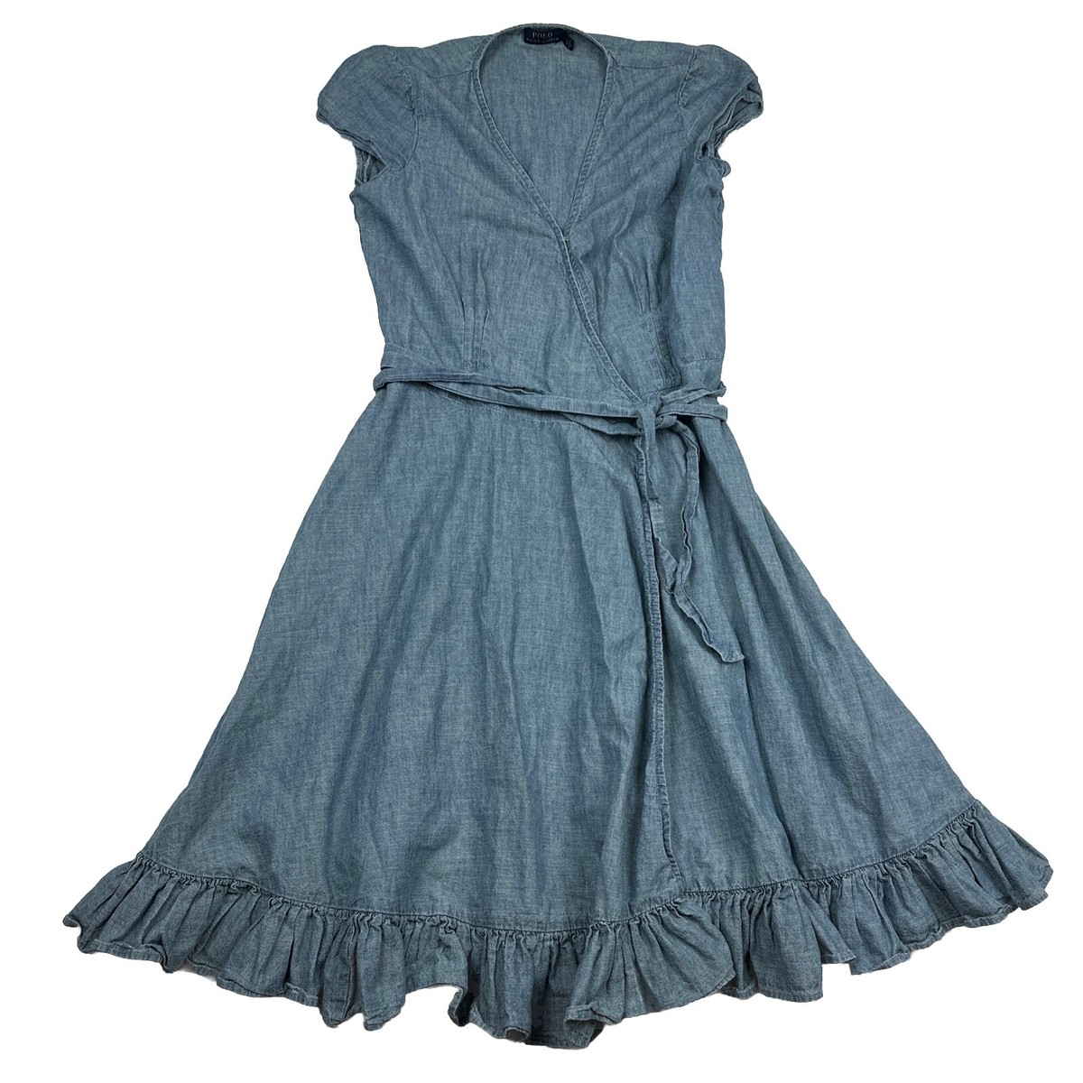 Polo Ralph Lauren Dress Sz Blue Denim Chambray Cotton Jean Wrap  Cottagecore