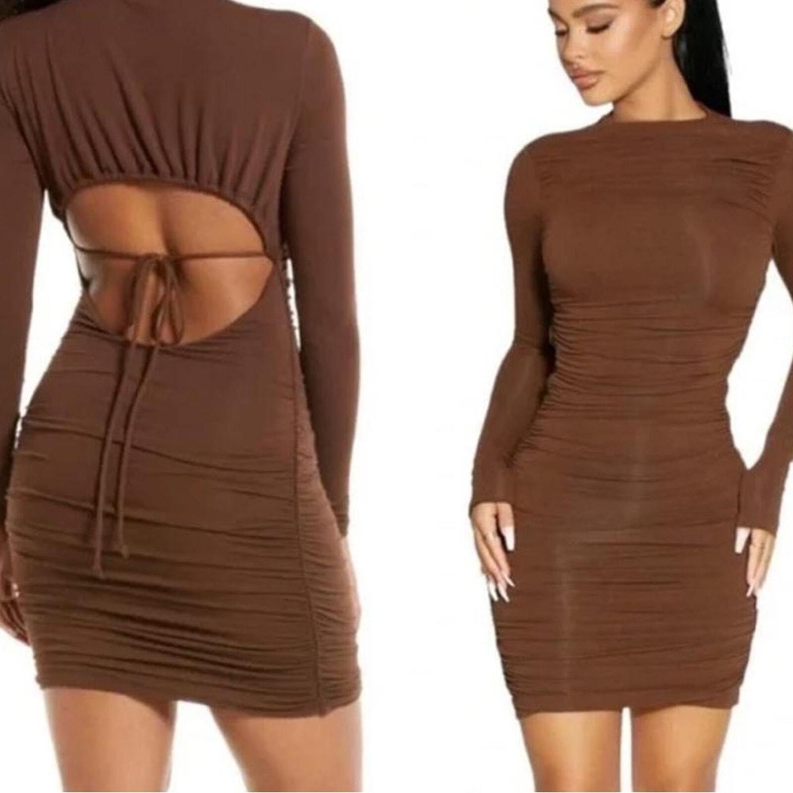naked wardrobe Ruched Long Sleeve Open Back Mini Dress - Brown Size M-image