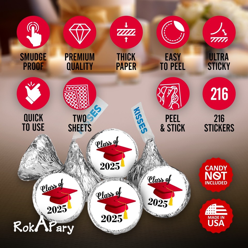 Class of 2025 Red Graduation Party Favor Kisses Stickers Labels SET of ...